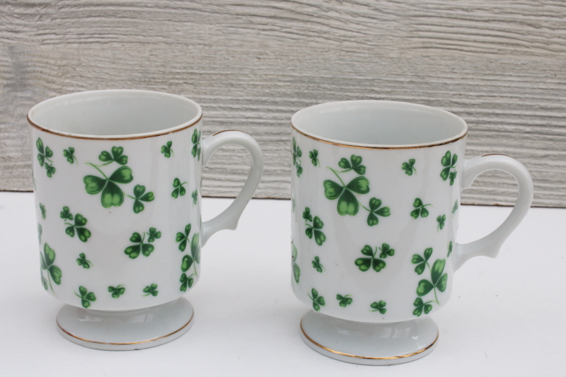 1980s vintage Lefton china coffee mugs, St Patricks day shamrock pattern Irish green clover