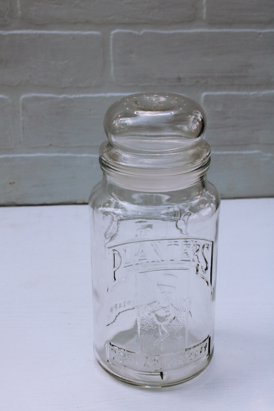 1980s vintage Planters Peanuts jar, 75th Anniversary Mr Peanut embossed glass canister