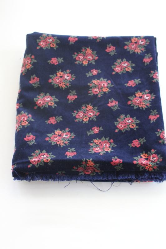 1980s vintage floral print cotton velveteen fabric, roses bouquets on navy blue