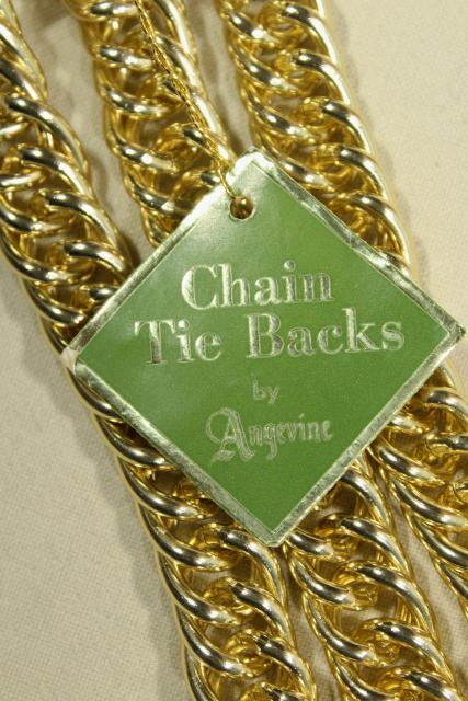1980s vintage gold tone metal chain drapery hardware, curtain tie backs new w/ tags