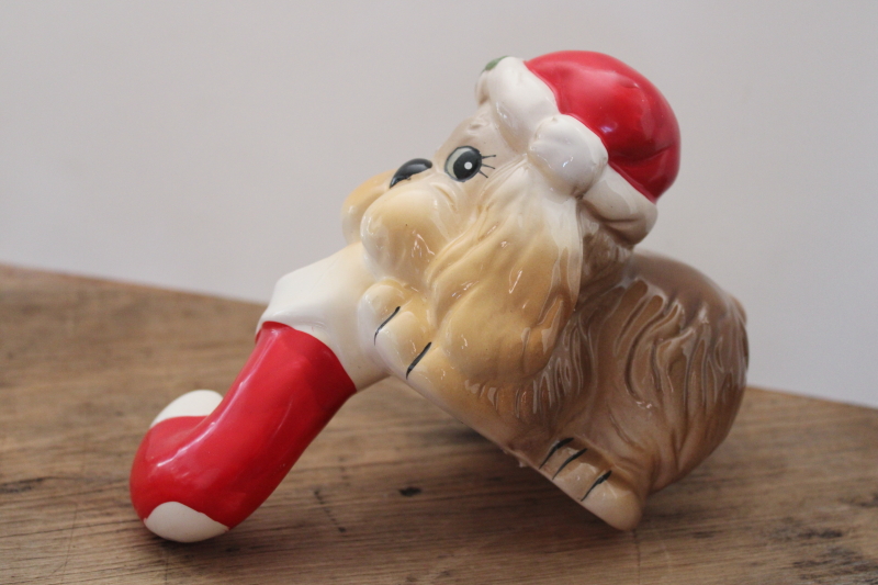 1980s vintage hand painted ceramic puppy dog Christmas stocking holder shelf sitter