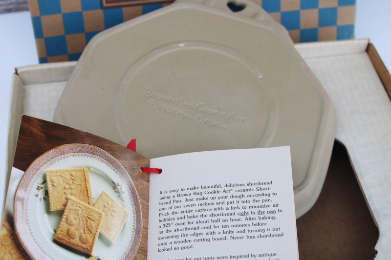 1990s Brown Bag cookie mold, large stoneware mold for shortbread new in box w/ recipe book