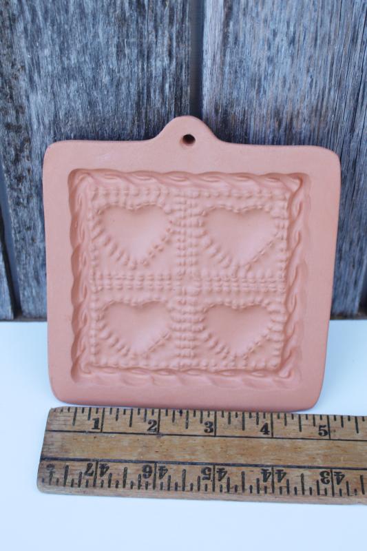 1990s Cotton Press terracotta stoneware mold for cookies or crafts, four hearts
