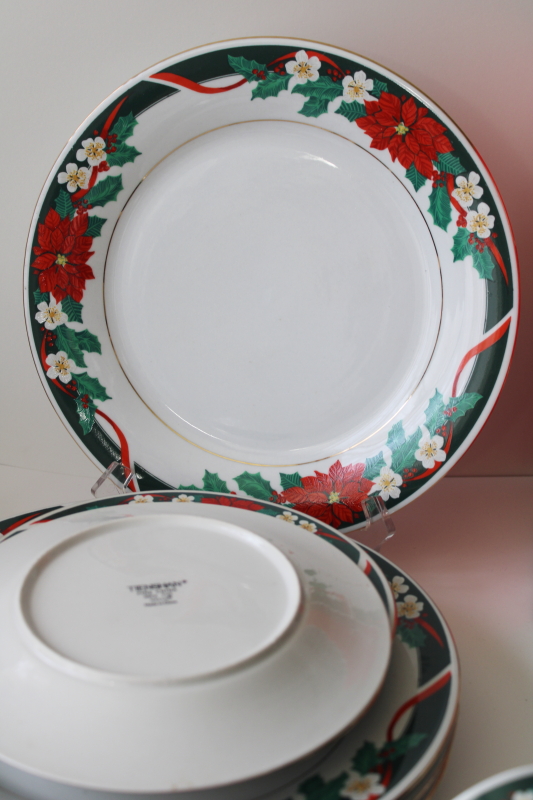 1990s Deck the Halls holiday dishes Christmas poinsettia Tienshan china set for 4 in box