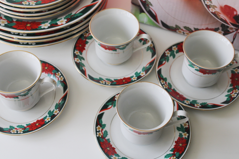 1990s Deck the Halls holiday dishes Christmas poinsettia Tienshan china set for 4 in box