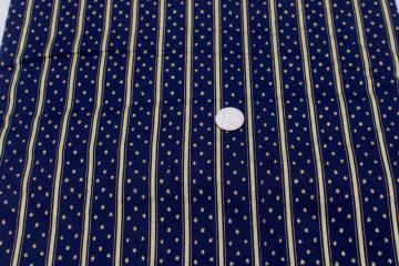 1990s vintage Cranston Print Works cotton fabric, midnight blue, striped w/ stars metallic gold