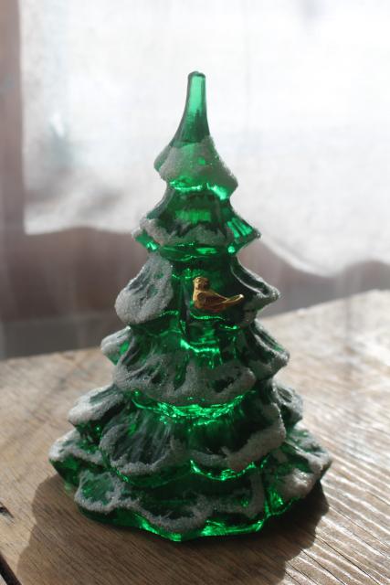 1990s vintage Fenton glass Christmas tree, snow dusted green pine w/ gold bird