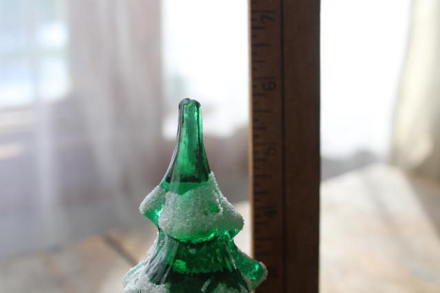 1990s vintage Fenton glass Christmas tree, snow dusted green pine w/ gold bird