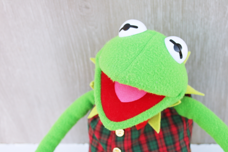 1990s vintage Kermit the Frog doll in plaid Christmas vest, Eden for Kohls tag