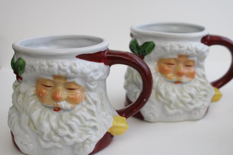 1990s vintage Santa head mugs, burgundy red hand painted ceramic mug set of 4