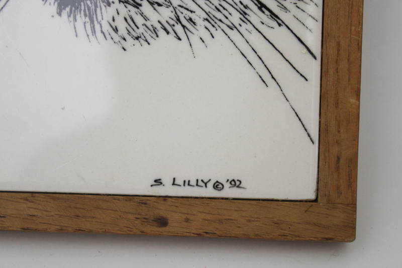 1990s vintage Susan Lilly signed ceramic tile trivet, blue eyed cat art wood frame