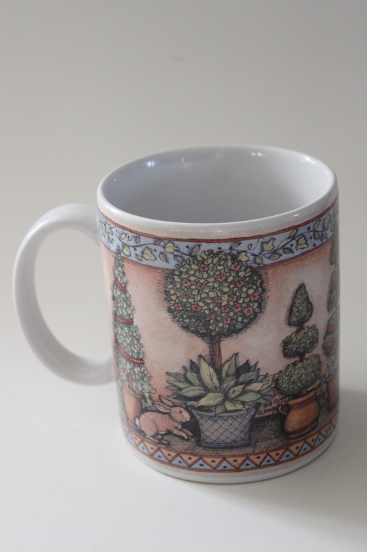 1990s vintage Susan Winget Lang  Wise ceramic mug, Topiaries print, french country style garden