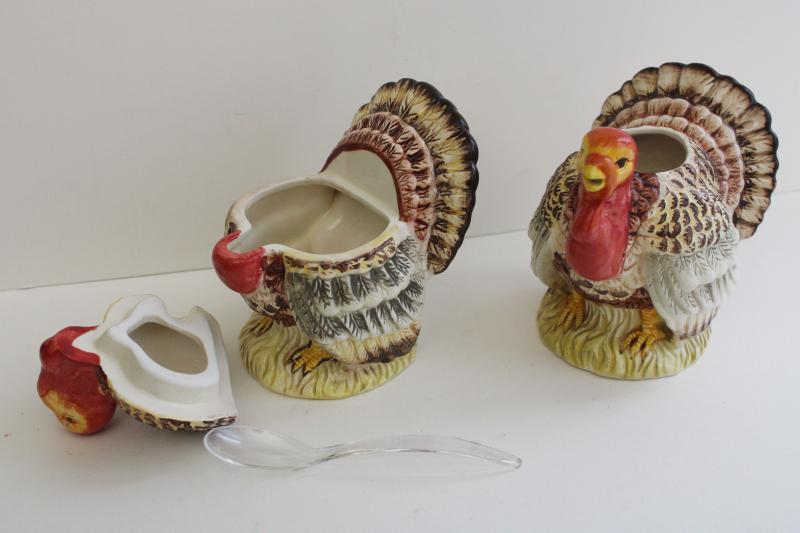 1990s vintage Thanksgiving turkeys, ceramic tom turkey cream pitcher & sugar set