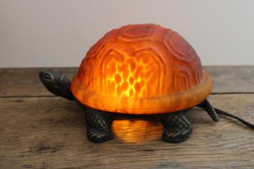 1990s vintage cast metal turtle lamp night light w/ tortoise shell glass shade 