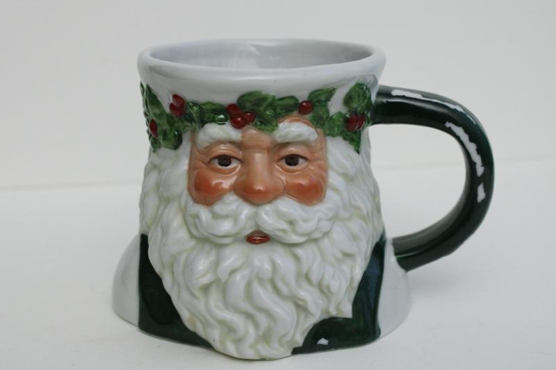 1990s vintage ceramic St Nicholas mug, green man Santa head w/ holly crown 
