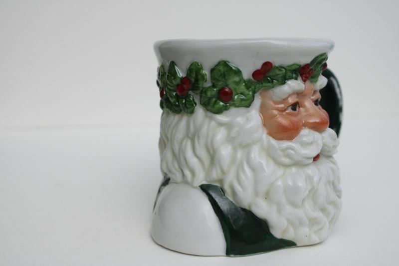 1990s vintage ceramic St Nicholas mug, green man Santa head w/ holly crown 