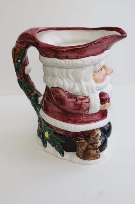 1990s vintage hand painted ceramic Santa pitcher, St Nick w/ squirrel & toys 