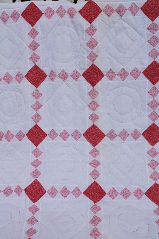 1990s vintage hand stitched soft cotton quilt, red  white calico patchwork