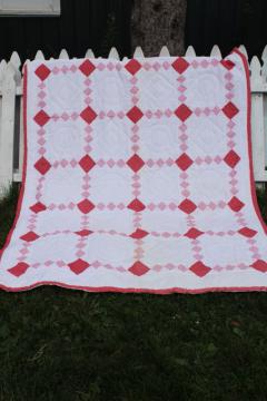 1990s vintage hand stitched soft cotton quilt, red  white calico patchwork