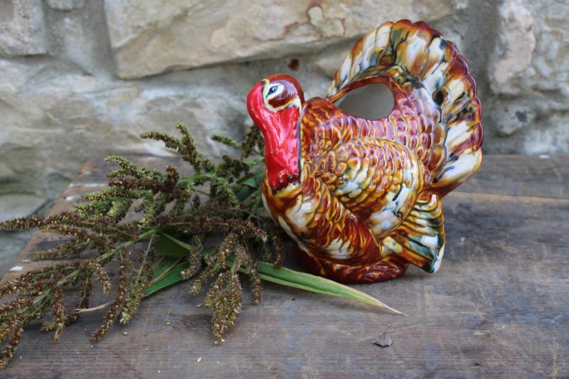 1990s vintage handmade ceramic Thanksgiving turkey planter figurine, holiday decor