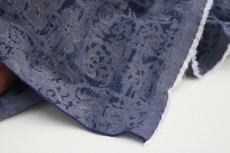 1990s vintage heavy rayon fabric w/ faded indigo blue batik block print style pattern
