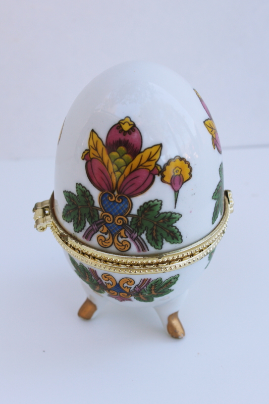 1990s vintage hinged china trinket box, goose egg size Easter egg folk art flowers