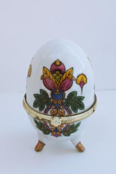 1990s vintage hinged china trinket box, goose egg size Easter egg folk art flowers