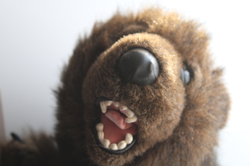 1990s vintage plush stuffed animal, large toy grizzly bear w/ teeth claws, realistic teddy