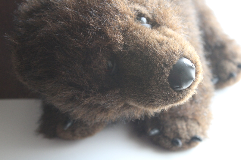 1990s vintage plush stuffed animal, large toy grizzly bear w/ teeth claws, realistic teddy
