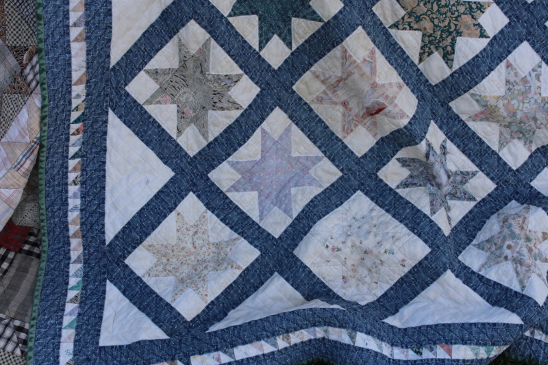 1990s vintage soft worn washed cotton quilts, hand stitched patchwork primitive stars