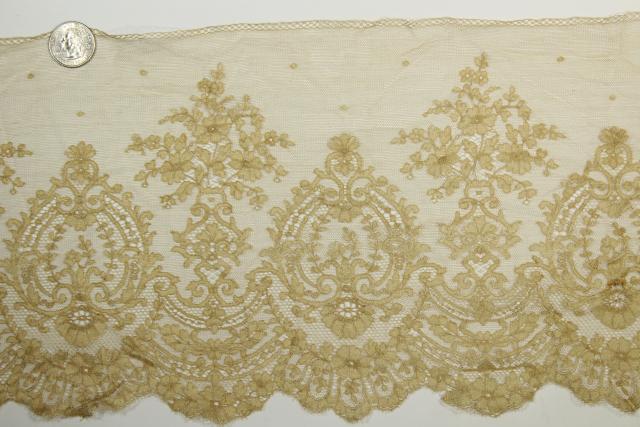 19th century antique ecru silk lace flounce, wide lace edging, French or Belgian?
