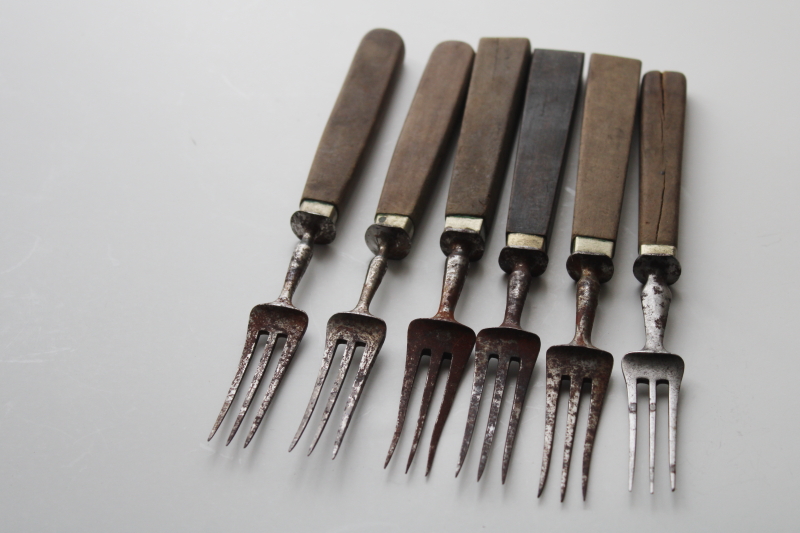 19th century antique steel forks w/ walnut wood handles, 1800s vintage three tine trident forks