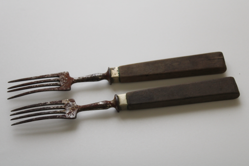 19th century antique steel forks w/ walnut wood handles, Civil War era 1800s vintage