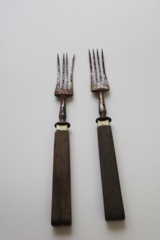 19th century antique steel forks w/ walnut wood handles, Civil War era 1800s vintage