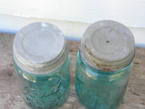 2 1 pint antique Ball Perfect Mason aqua blue fruit jars w/zinc lids