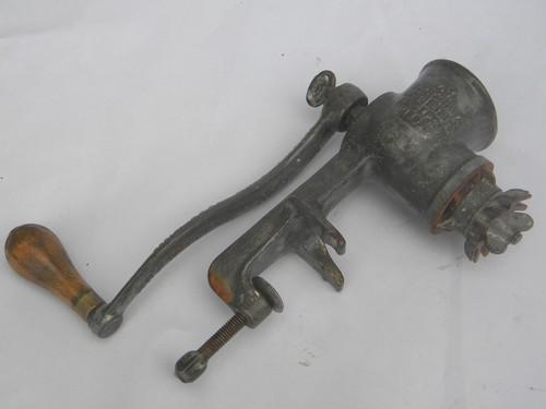 2 primitive antique food chopper meat grinders, old farm kitchen tool