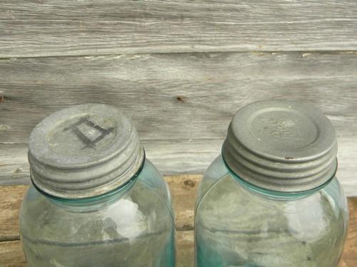 2 quart vintage blue glass Ball Perfect Mason fruit jars w/zinc caps