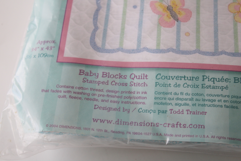 2000s vintage Dimensions kit for stamped cross stitch embroidery, Baby Blocks embroidered quilt