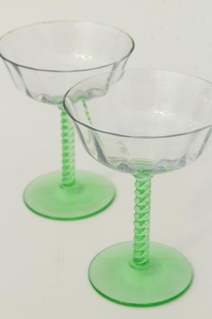 20s 30s art deco green twist stem champagne glasses w/ clear glass coupe bowls