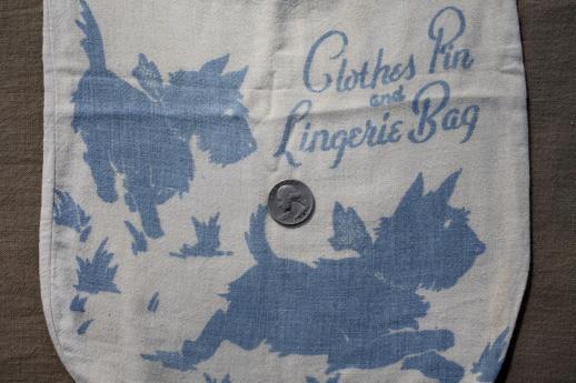 20s 30s vintage clothespin bag, flapper era laundry bag w/ Scotty dog print