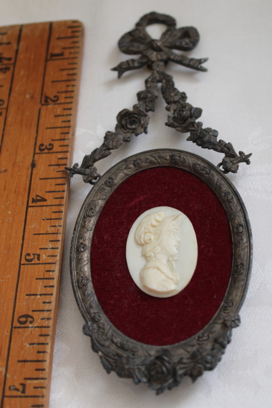 20th century vintage carved bone cameo miniature in ornate metal frame wall hanging