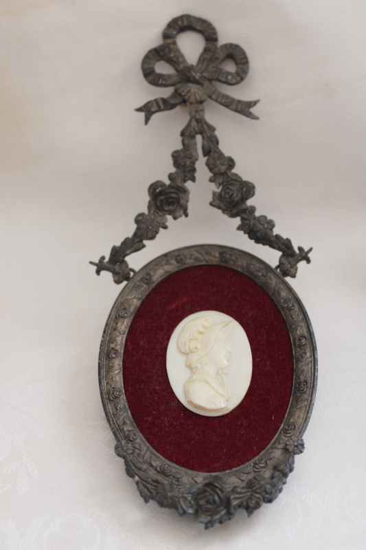 20th century vintage carved bone cameo miniature in ornate metal frame wall hanging