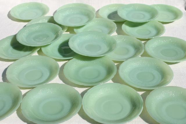 22 vintage jadite glass saucer plates, Alice floral border Fire King jadeite