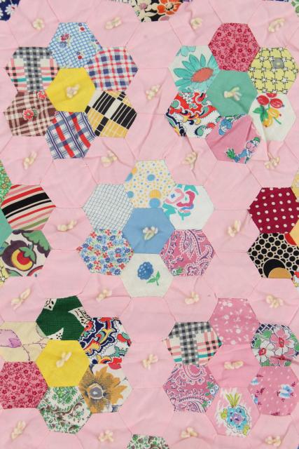 30s 40s vintage Grandma's flower garden quilt, cotton print fabric hexies on pink