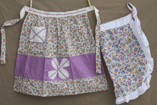 30s 40s vintage cotton kitchen apron lot, flowered print fabric ruffled aprons
