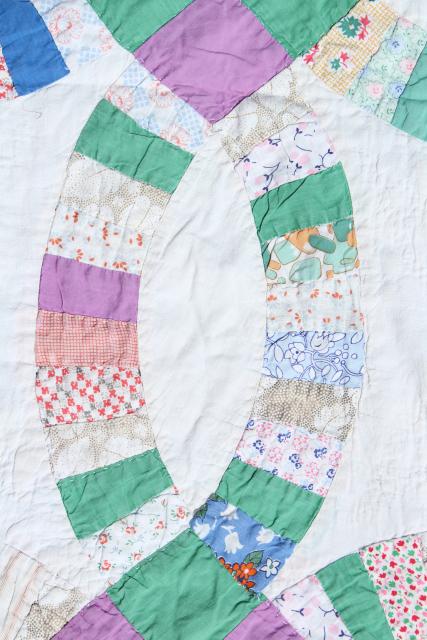 30s 40s vintage double wedding ring quilt, hand stitched cotton print fabric patchwork 