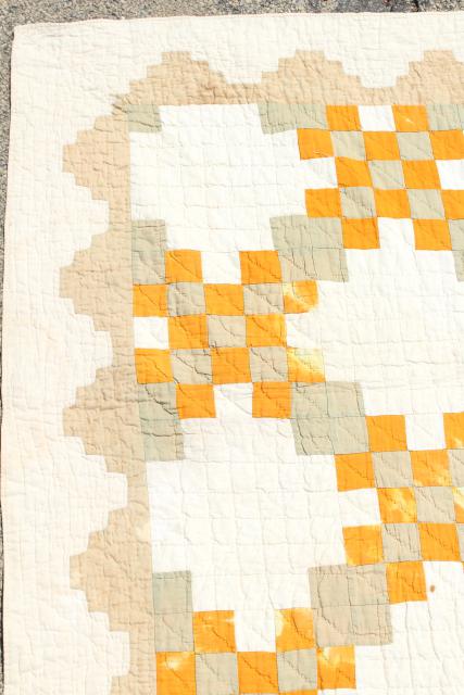30s 40s vintage hand stitched patchwork quilt, mustard gold & faded sage