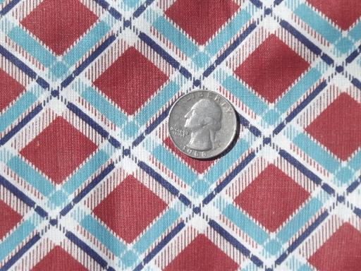 30s 40s vintage print cotton fabric, 10 yds rust red & teal blue plaid
