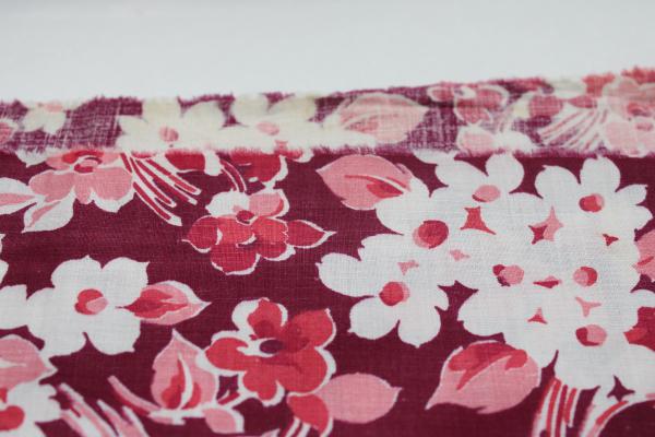 30s 40s vintage print cotton fabric, maroon w/ barn red & pink flowers