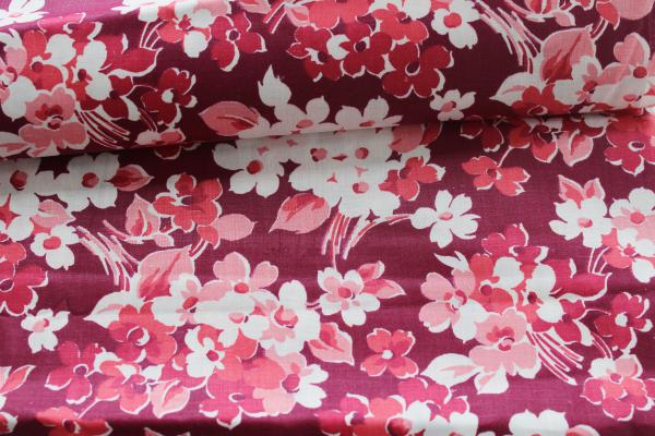 30s 40s vintage print cotton fabric, maroon w/ barn red & pink flowers
